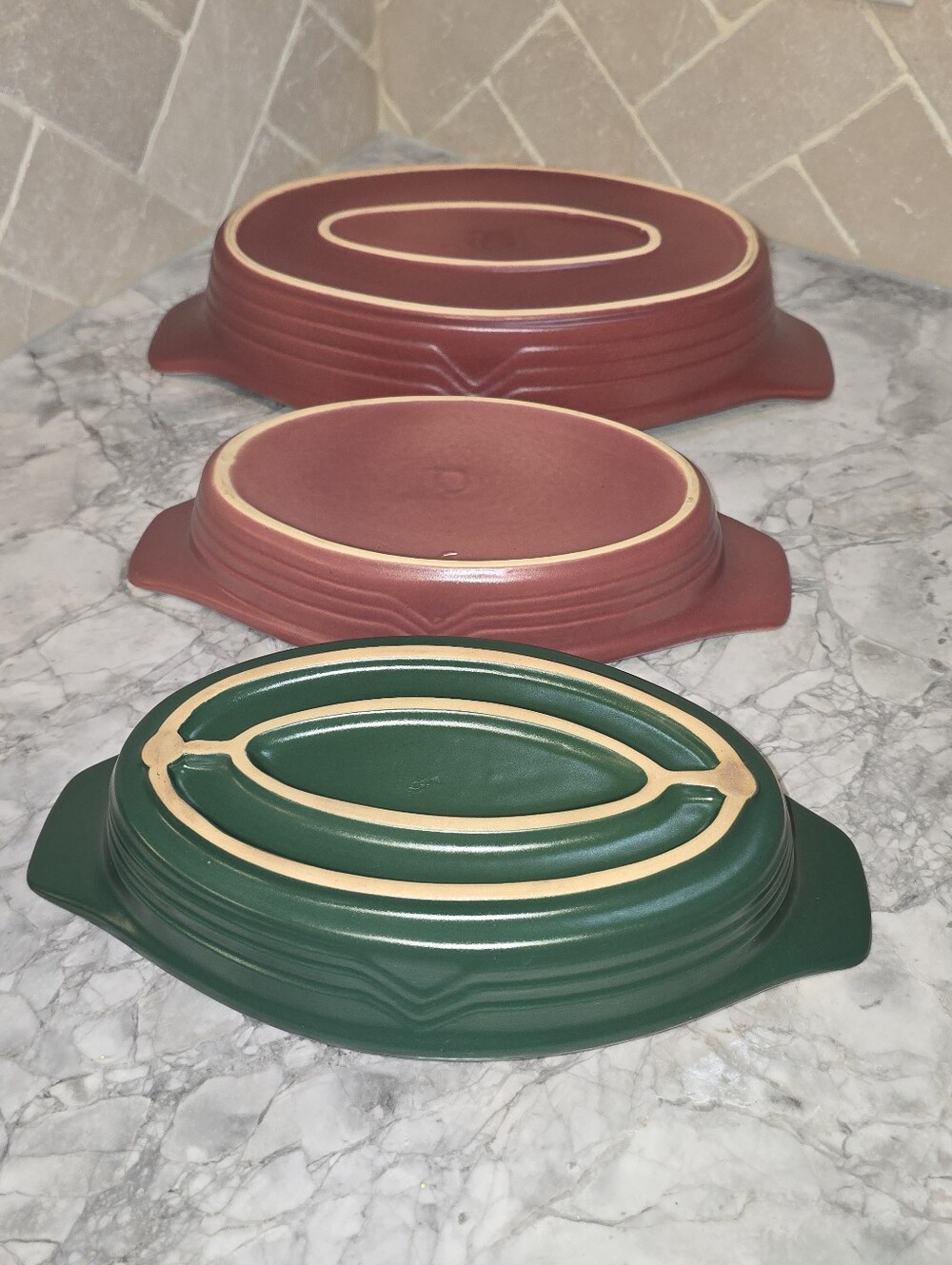 Vintage Set of 3 Matte Glazed Stoneware Oval Bakers Burgandy Green Pots Art Deco